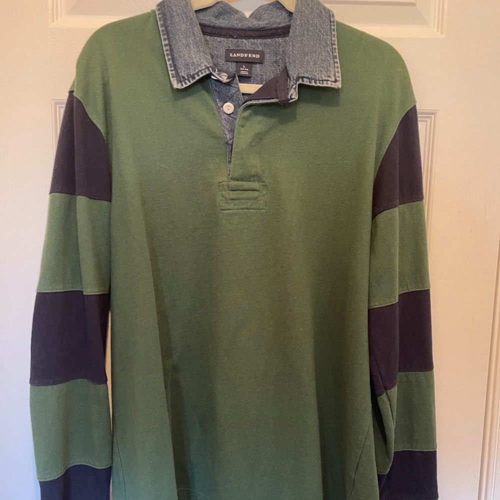 Lands End Rugby Shirt with Denim Collar